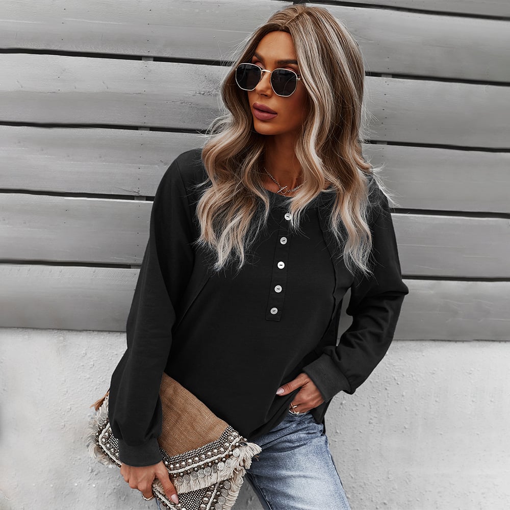 Button-Detail Henley Pullover – Women's Relaxed Everyday Top