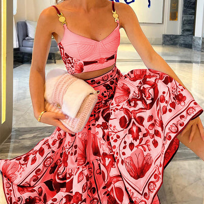 Blue & White Porcelain Print Two-Piece Set – Tube Top & Flounced Skirt