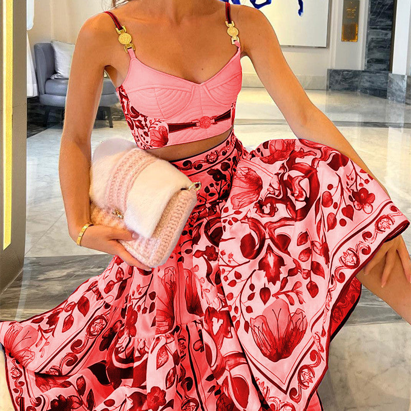 Blue & White Porcelain Print Two-Piece Set – Tube Top & Flounced Skirt