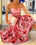Blue & White Porcelain Print Two-Piece Set – Tube Top & Flounced Skirt