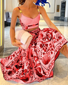Blue & White Porcelain Print Two-Piece Set – Tube Top & Flounced Skirt