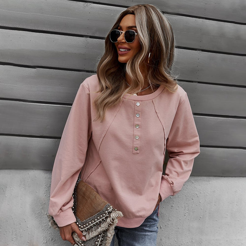 Button-Detail Henley Pullover – Women's Relaxed Everyday Top