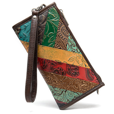 Boho Patchwork Leather Wristlet Clutch – Hand-Tooled Genuine Cowhide