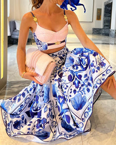 Blue & White Porcelain Print Two-Piece Set – Tube Top & Flounced Skirt
